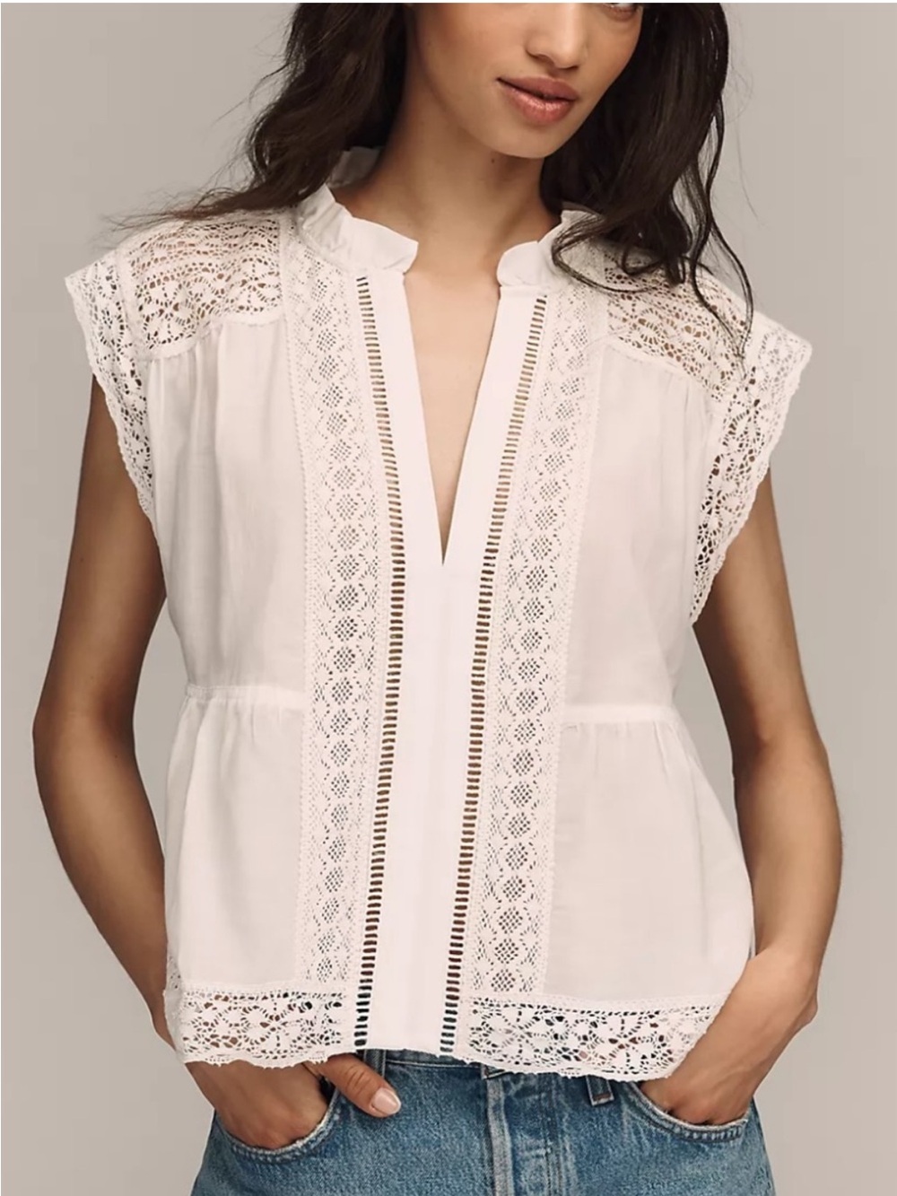 Anthropologie Lace Trim Short Sleeve Swing Blouse